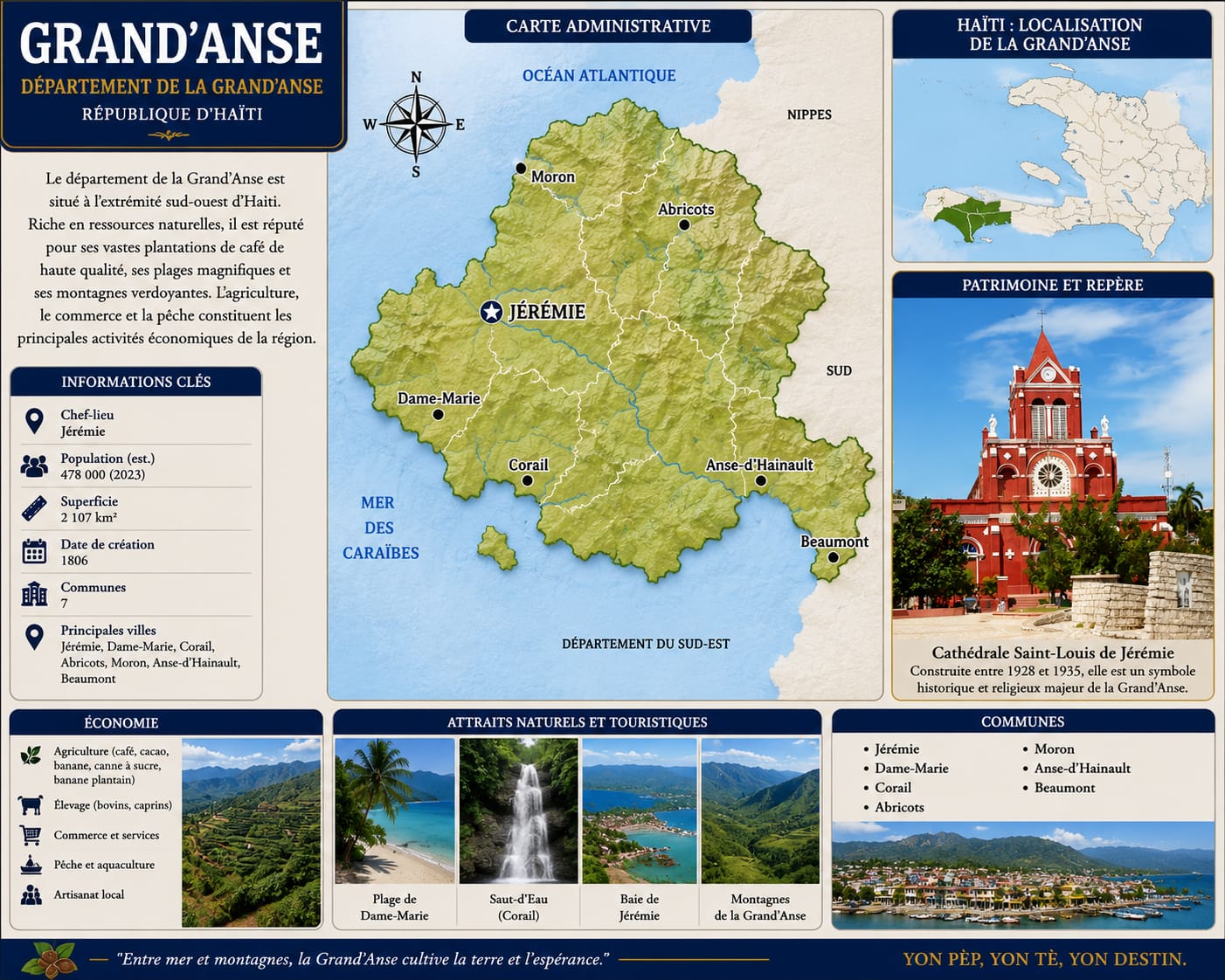 Infographie du département de la Grand'Anse : carte, informations clés, économie, patrimoine et communes