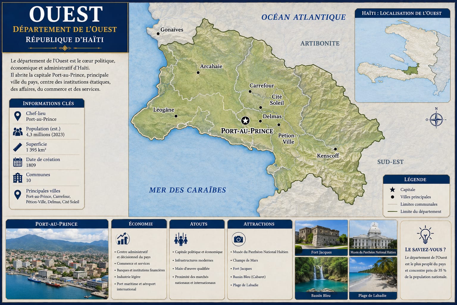 Infographie du département de l'Ouest : carte, informations clés, économie, atouts, attractions