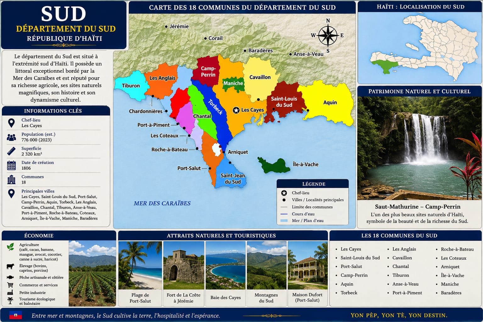 Infographie du département du Sud : carte des 18 communes, informations clés, économie, patrimoine naturel et culturel