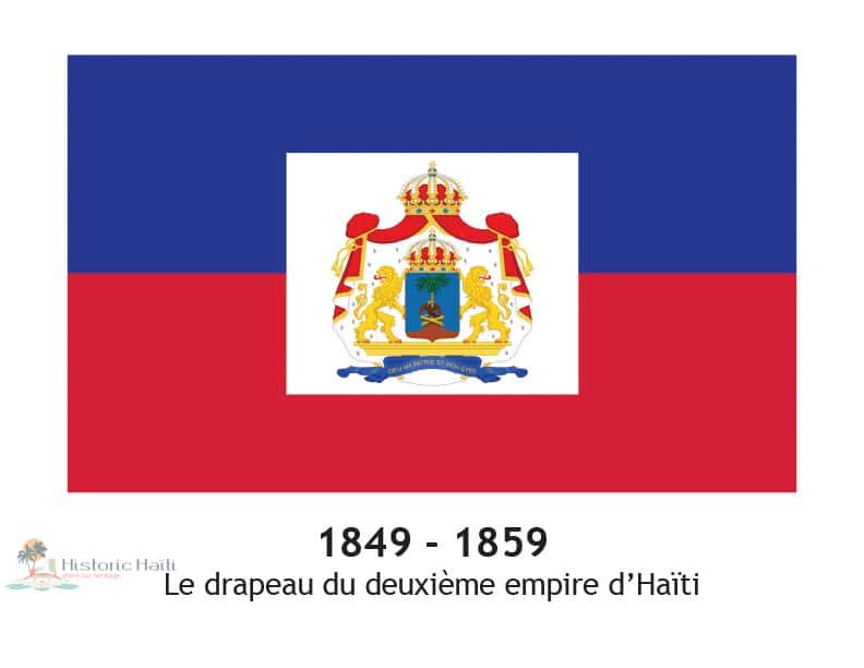 Drapeau bleu et rouge horizontal avec armoiries impériales, deuxième empire d'Haïti sous Faustin Soulouque, 1849-1859