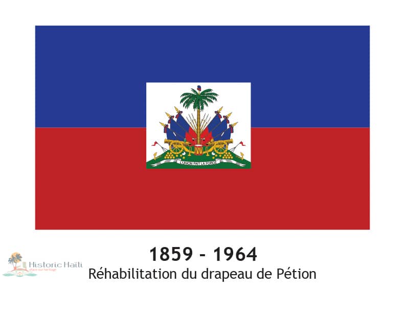 Drapeau bleu et rouge horizontal avec armoiries, réhabilitation du drapeau de Pétion, 1859-1964