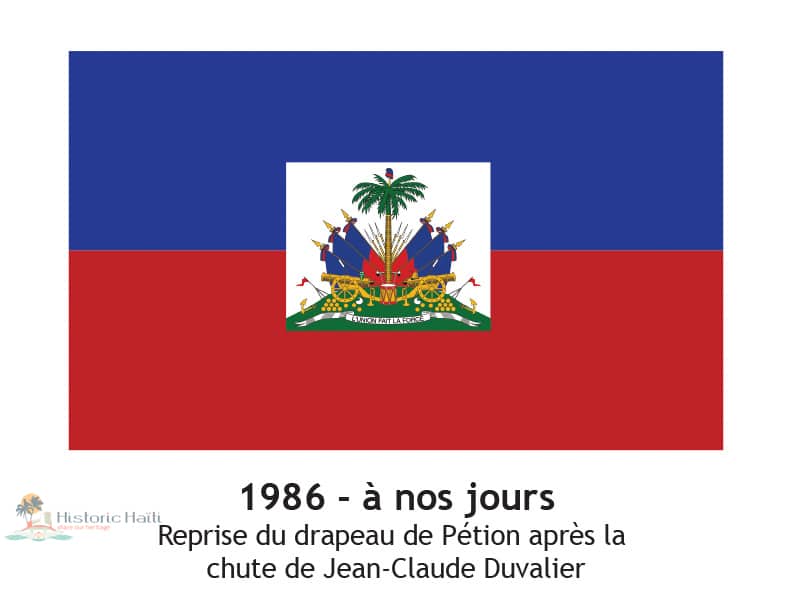 Drapeau bleu et rouge horizontal avec armoiries, drapeau actuel d'Haïti depuis 1986