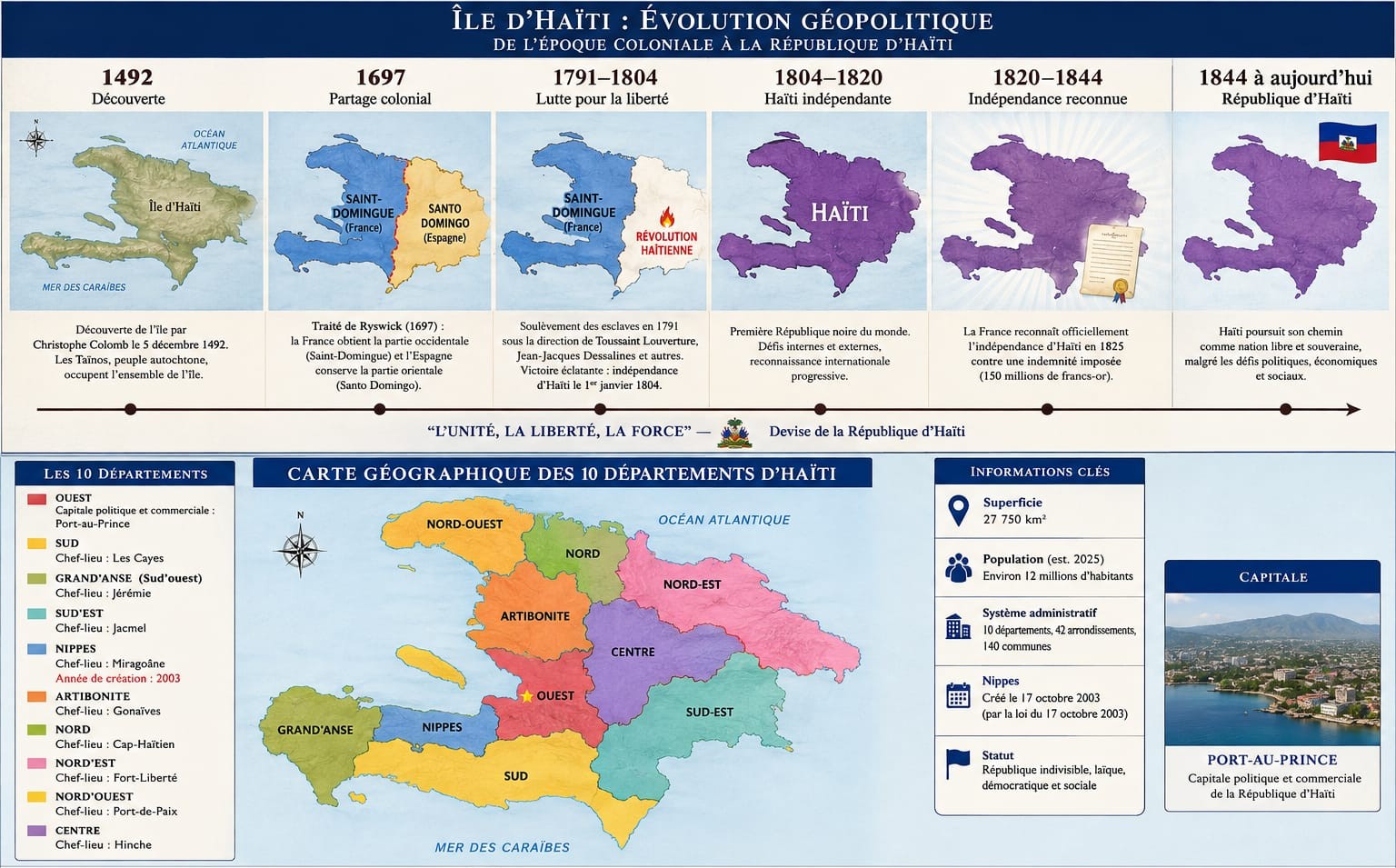 Carte des 10 départements d'Haïti, avec chefs-lieux, informations clés et frise de l'évolution géopolitique du pays