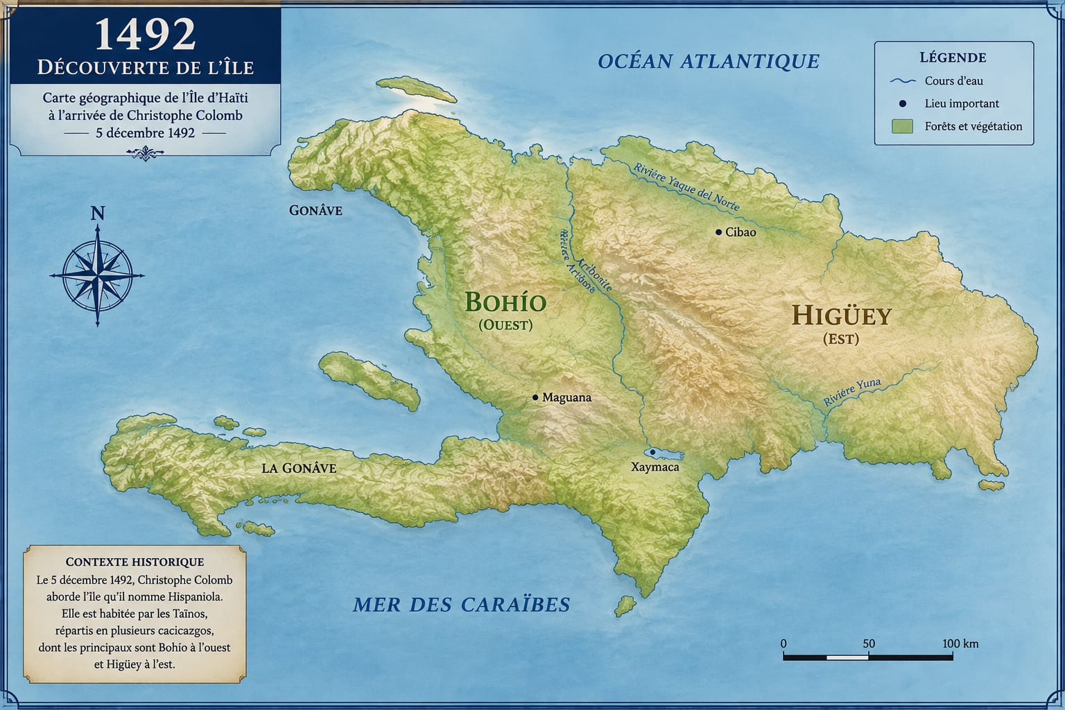 Carte d'Haïti en 1492 : les cacicazgos taïnos Bohío et Higüey