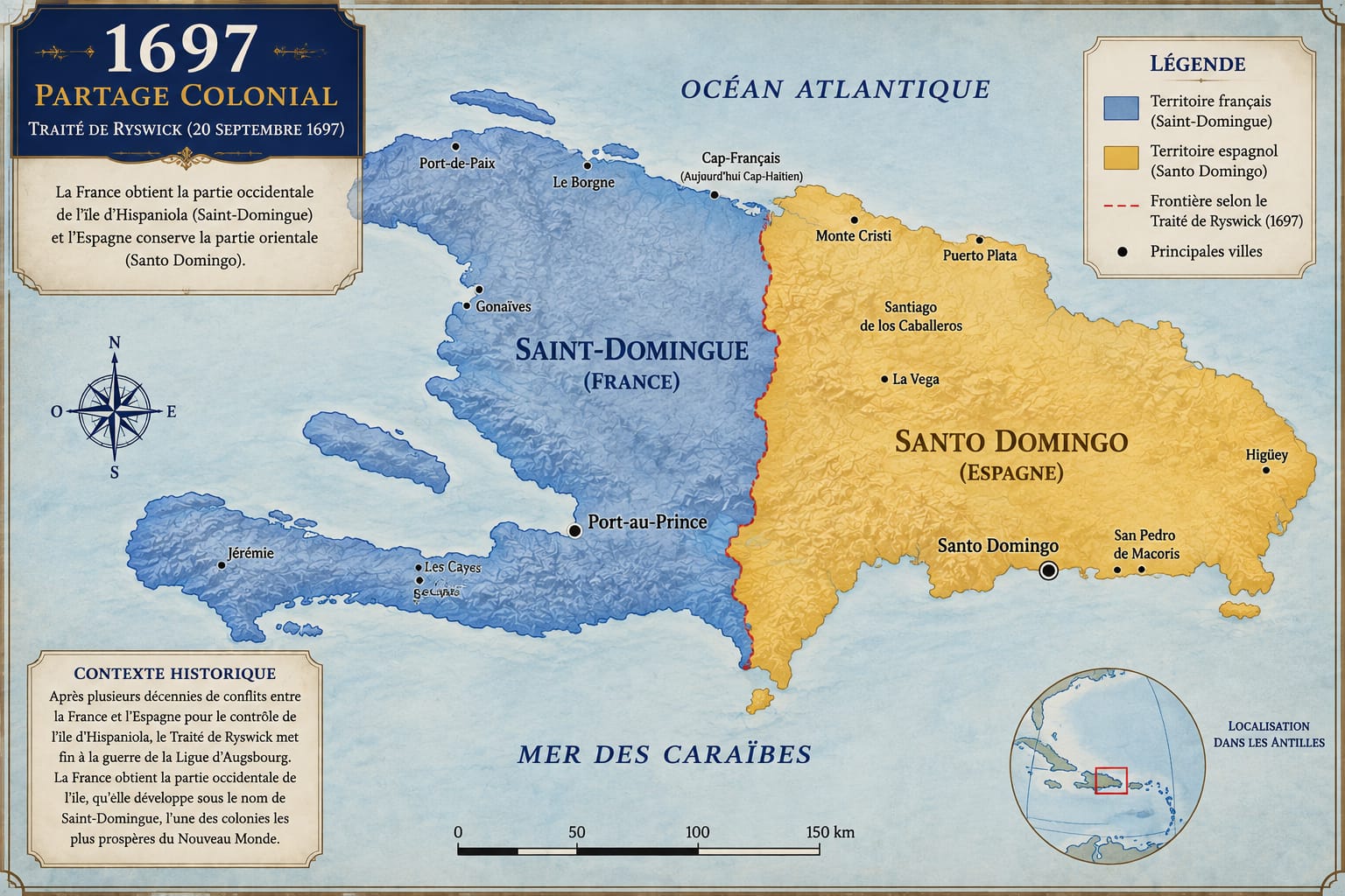 Carte du partage colonial de 1697 entre Saint-Domingue (France) et Santo Domingo (Espagne)