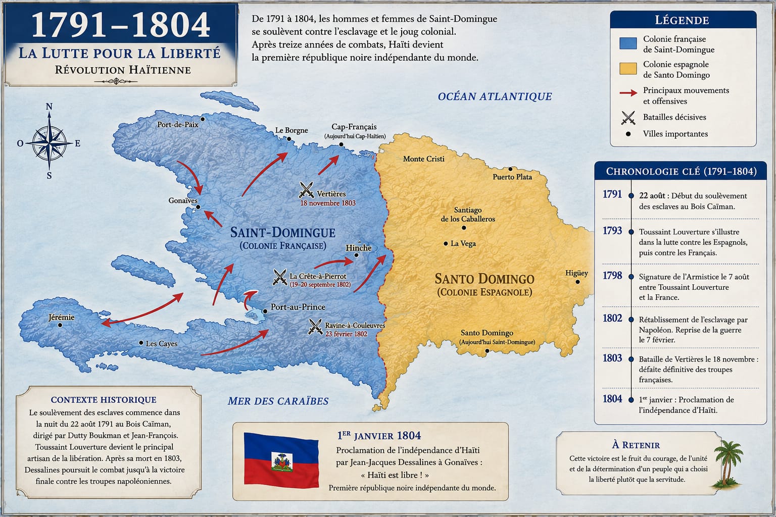 Carte de la Révolution haïtienne 1791-1804 : batailles et mouvements des troupes
